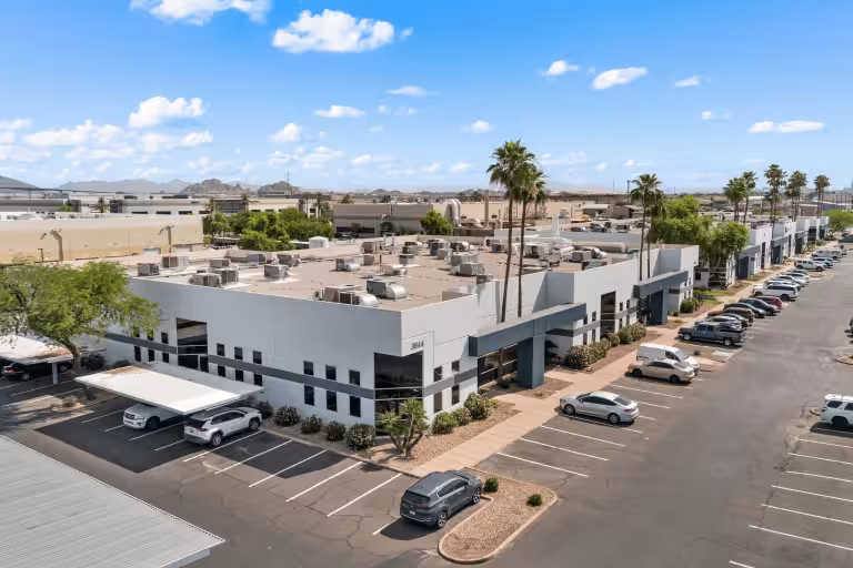 Aerial view of Cabot Business Center buildings and parking areas.