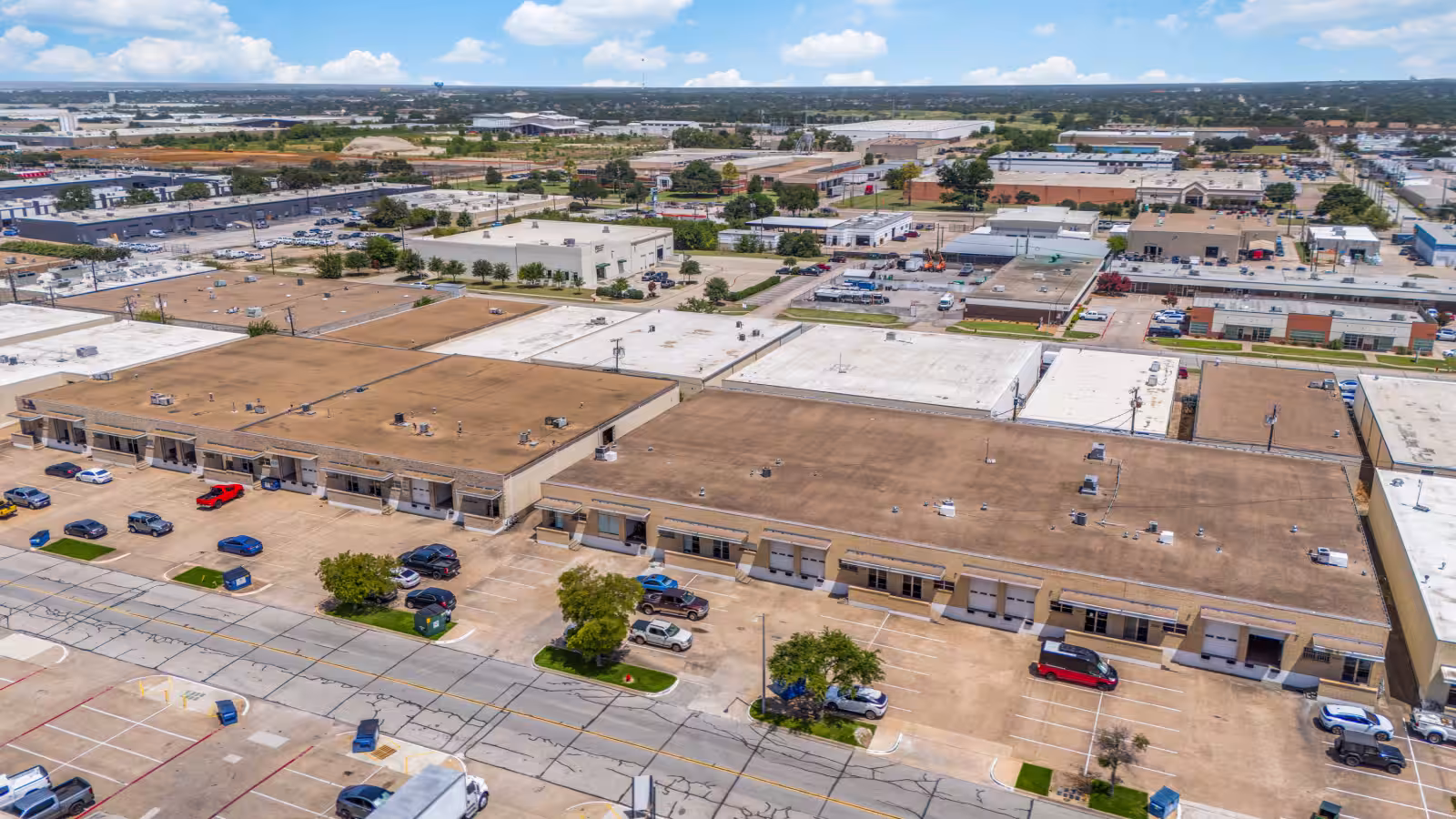 Exterior of the Garden Brook industrial buildings in Farmers Branch, Texas