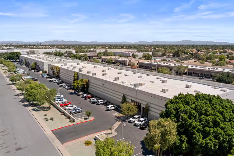 Aerial view of a multi-tenant shallow bay industrial park in an infill urban market